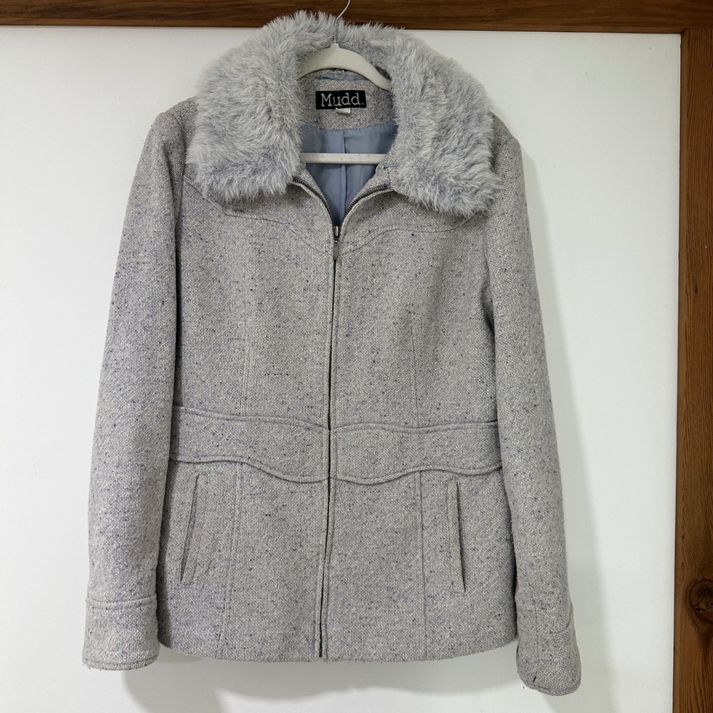 Y2K Mudd Women Large Gray Wool Blend Faux Fur Collar Zip Up Tweed Jacket Coat L